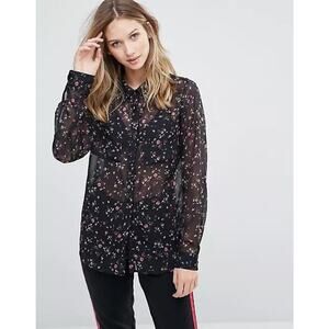 GESTUZ Women's Floral Print Button Down Sheer Shirt Long Sleeve Black SZ 40 (8)